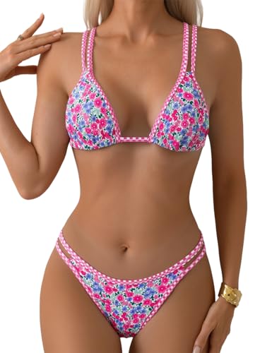 Tainehs Women's Two Piece Bikini Sets Ditsy Floral Triangle Swimsuits Self Tie String Swimwear Cheeky Bathing Suit