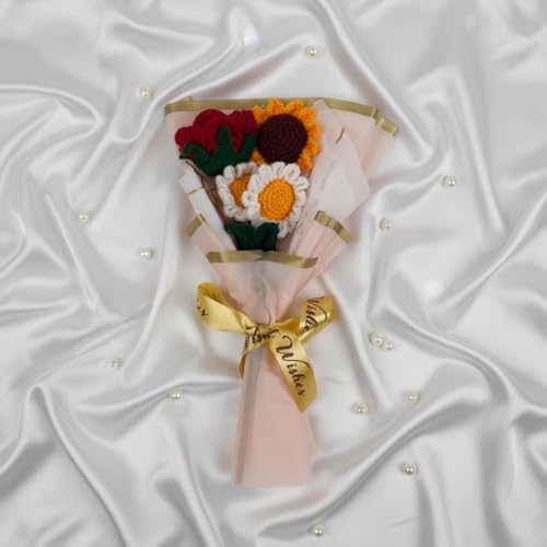 Image of HindCraft Handmade Crochet Flower Bouquet | Crochet Rose Sunflower Daisy Bouquet | Artificial Forever Flowers for Birthday, Anniversary, Valentine Gift, Room Decor