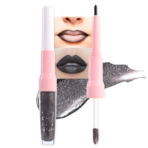 Image of evpct Black Metallic Glitter Lip Liner and Lipstick Combo Lip Gloss Stain Set Makeup for Women Long Lasting Waterproof 24, Goth Gothic Halloween Metallic Shimmer Frosted Iridescent Liquid Lipstick 17