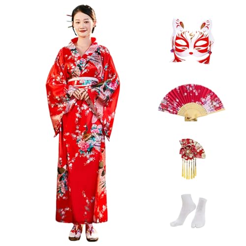 CRFASIBE 5 Piezas Kimono Mujer, Tradicional Japonés Largo Kimono con Estampado de Pavo Real, Albornoz Yukata Vestido Batas para Fotografía Cosplay (Rojo)
