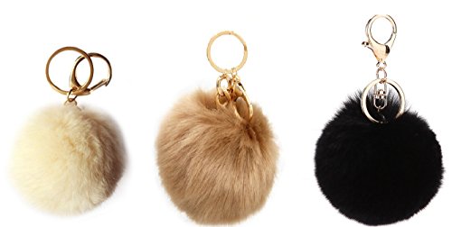 Preisvergleich Produktbild [3 Stück] NOVAGO Schlüsselring Pompon ,Kaninchenhaar , Soft-Touch (Kamel / Creme / Schwarz)