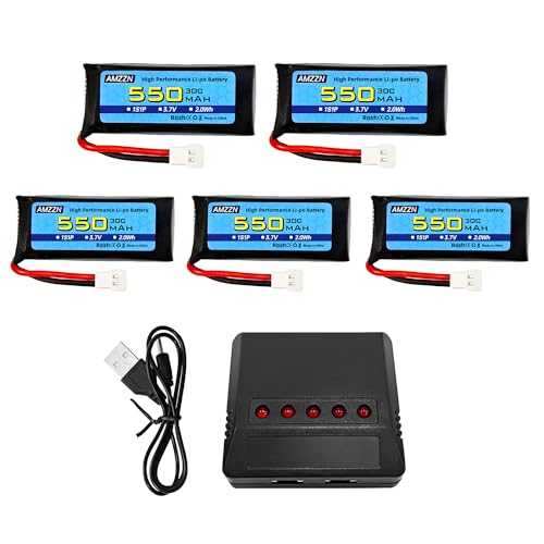 AMZZN Molex 2P 5 Unidades de 3.7V 550mAh 25C Lipo batería Molex 2P Enchufe con Cargador 5 en 1 para SYMA X5C X5SW Hubsan H107C H107D UDIRC U12S WLtoys XK A100 A120 Mando a Distancia Drone