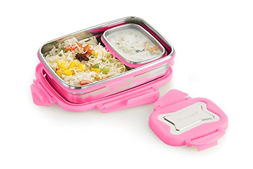 Image of STEELLOCK Smart Stainless Steel Tiffin Lunch Box for Kids and Adults 2pc Set | Airtight & Leakproof | Rectangle Combo for School & Office with Steel Lid | (1pc - 750ml & 1pc - 170ml) Pink