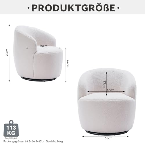 DEKKETO Teddy-Drehsessel, Runder Boucle Sessel mit 360° Drehbarem Metallfuß, Bequemer Gemütlicher Drehstuhl Ohne Rollen Schminktisch Stuhl Armlehnstuhl Lesesessel, Weiß
