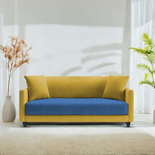 Image of Casaliving Dominic 2 Seater Sofa Set for Living Room (Blue Yellow Fabric) Premium Fabric Sofa