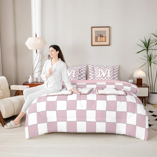 Image of Erosebridal Pink Initial M Queen Bed in A Bag 7 Piece Kawaii Plaid Checkered Comforter Set with Sheets Cute Personalized Monogram Bedding Sets for Kids Girls Teen Women,Fashion Grids Gingham Bed Set
