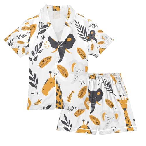 senya African Animals Heads Satin Summer Pajama Sets Silk Short Sleeve Button Down Sleepwear
