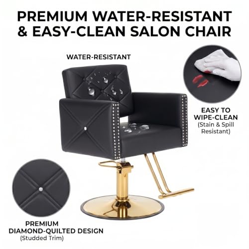Image of Barber Chair with Rivets, Black Salon Chair for Hair Stylist, 360 Degree Swivel, Heavy Duty Hydraulic Pump, Professional Styling Chair for Salon and Spa, Gold