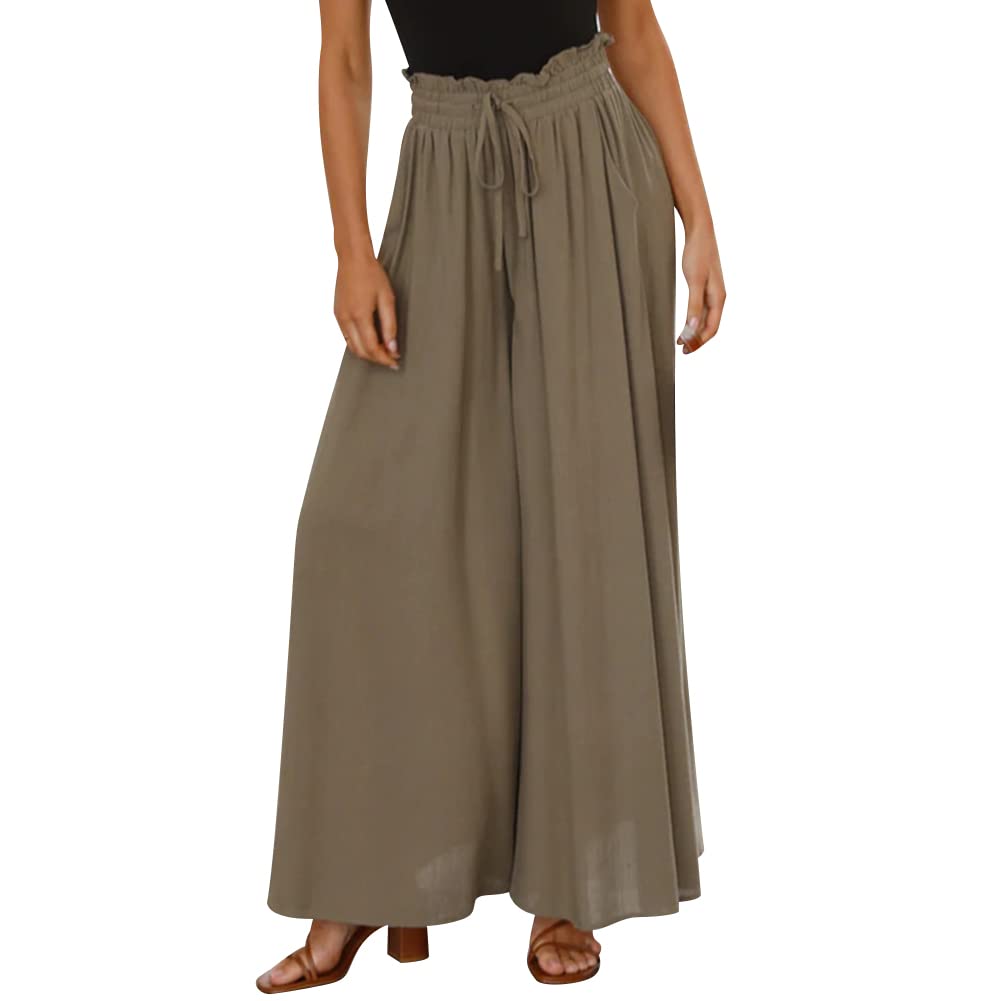 OBEEII Womens High Waist Chiffon Pants Boho Flowy Wide Leg Casual Palazzo Trousers