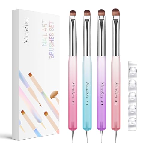MelodySusie 4Pcs Dual-Ended French Nail Brush and Dotting Pen Set, Size #10#12#14#16 with Brush Holder, for French Tips Nail Clean Up and Nail Dotting