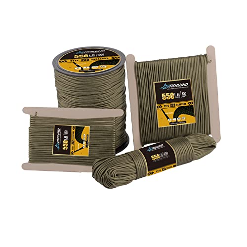 FISHLUND Paracord - Cuerda de paracaídas tipo III de 7 hebras de 550 libras, 250 pies, 4 mm, cuerda de paracaídas de nailon de alta resistencia para camping, supervivencia, táctica y senderismo, verde