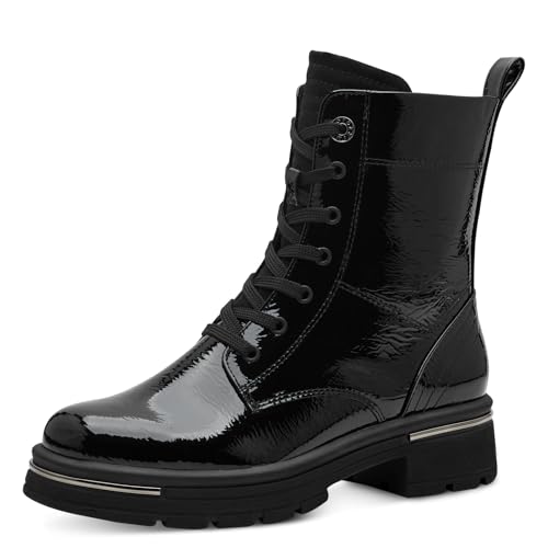 MARCO TOZZI Damen Stiefeletten zum Schnüren mit Blockabsatz mit Reißverschluss, Schwarz (Black Patent), 39 EU