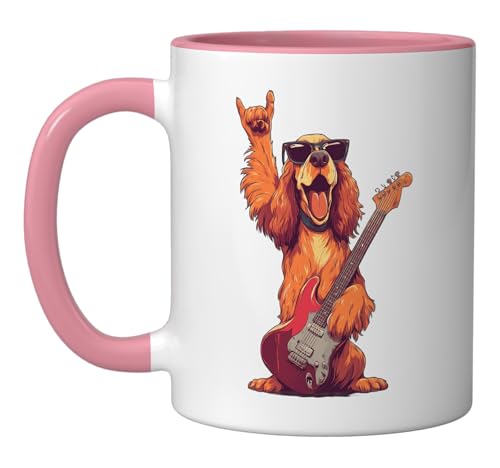 Funny Rock Dog Guitar Playing Retro Style Design Ceramic Mug, Pink/White