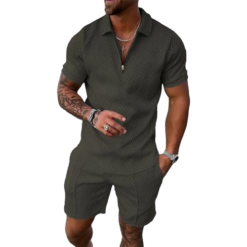amropi Homme Survêtement de Sport T-Shirt à Manches Courtes Fermeture éclair et Short Ensemble Vert Foncé, L