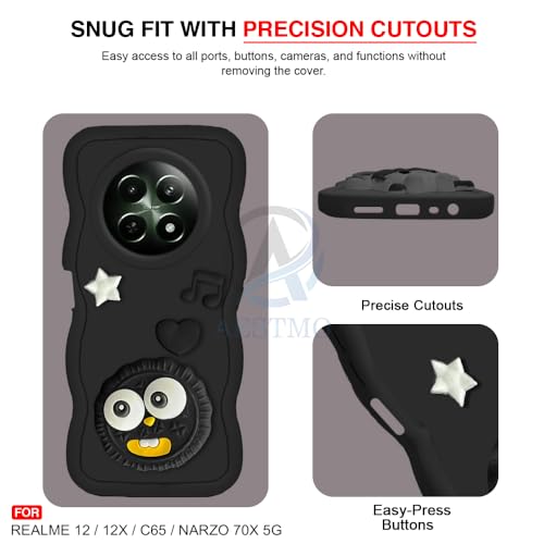 Image of AESTMO Back Case Cover for Realme 12 / 12X / C65 / Narzo 70X 3D Cute Fun Cartoon Characters | Anti Slip Grip Cute Wave Curly Frame Shape | Back Cover for Realme 12 / 12X / C65 / Narzo 70X (Black)