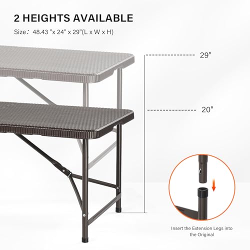 VINGLI 4 FT Plastic Folding Camping Table, Portable in/Outdoor Party Picnic Dining Desk,Garden Soccer Multipurpose Entertaining Activities, Brown