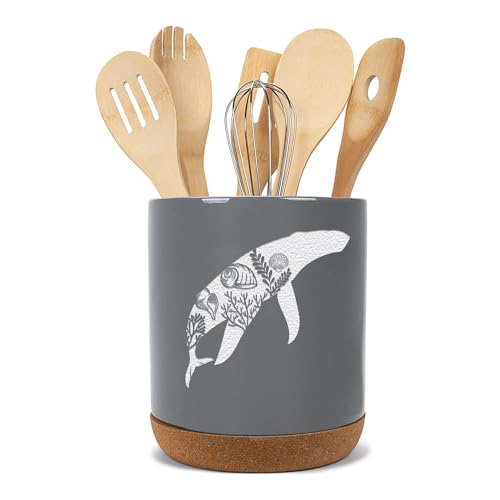 Elanze Designs Whale Ocean Life Coral Sea Shells Animal Motif X-Large Cork Bottom Ceramic Stoneware Utensil Holder, Spatula Caddy, Crock Container, Kitchen Storage Organizer Home Décor, Slate Grey
