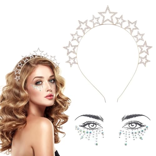 XOXVURI Diadema para el pelo con estrella diadema con estrella bandas de estrella tatuajes temporales tatuaje facial con diamante para cumpleaños, carnaval, Halloween, despedida de soltera, mujeres y