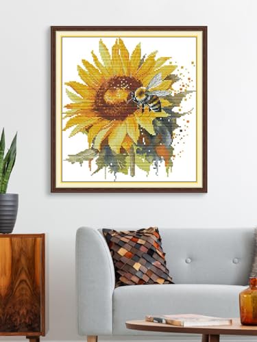 Image of Aiorkeng Cross Stitch Kits Stamped Full Range of Embroidery Starter Kits for Adults Beginners DIY Needlepoint Kit 11CT 3 Strands -Printed kit Sunflowers and Bees(Printed) 14.2x15 inches