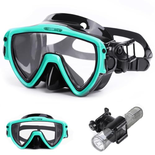 Máscara de buceo para adultos con clip de linterna, gafas de natación de vidrio templado antivaho con cubierta para la nariz, máscara de buceo juvenil para buceo, esnórquel, natación (cian)