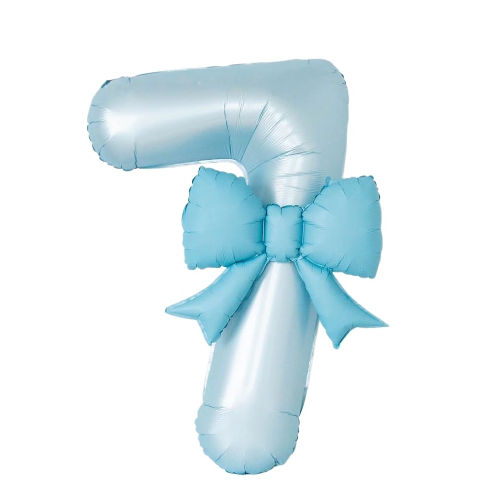 Fashion Yo 40'' Number with Bow Balloon, Self Inflating Foil Light Pink Set 0-9, Pastel Pink Helium Balloon for Girls Birthday Party Decorations Anniversary Supplies (Blue Number 7)