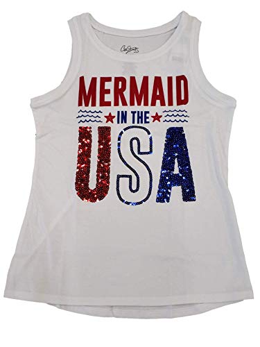 Girls Red White Blue Mermaid in The USA Sequin Patriotic Tank Top Shirt