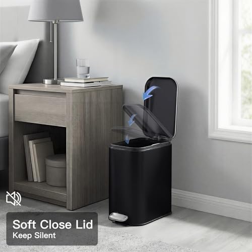 Image of GarveeHome 1.3 Gal Slim Trash Can, Step Garbage Can with Soft-Close Lid, Stainless Steel Recycling Bin Waste Container with Removable Inner Bucket for Kitchen, Bathroom, Office, Black