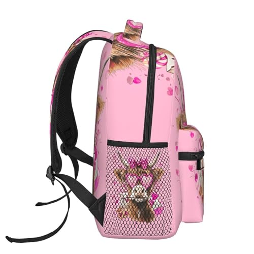 Cute Highland Cow with Bow Heart Glasses Backpack Large Capacity Lightweight Casual Travel Sports Backpack 11.4X7.8X15.7 inch3