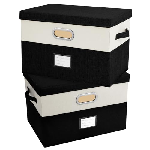 Image of Large Linen Fabric Foldable Storage Bins with Removable Lid and Handles, Washable Storage Box Organizer Containers Baskets Cube with Cover for Bedroom,Office(Black&Cream, Large(2-Pack))