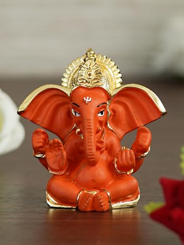 Image of eCraftIndia Golden and Orange Polyresin Lord Ganesha Idol for Home, Temple, Office, Car Dashboard - Divine Home Decor for Ganesha Devotees - Gift for Family, Friends - Suitable for Ganesh Chaturthi