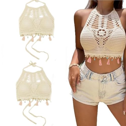 Image of PALAY Women's Summer Beach Backless Crochet Halter Bikini Crop Top Crochet Hollow Out Tassle Embroidery Knit Boho Beachwear