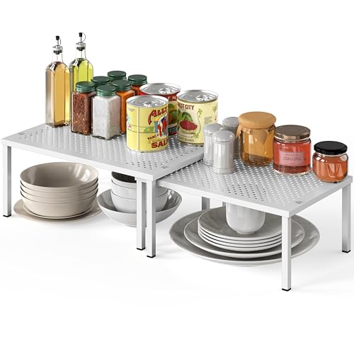 Simple Houseware Expandable Stackable Kitchen Counter Shelf Organizer, White, Metal Top, 11.25'L x...