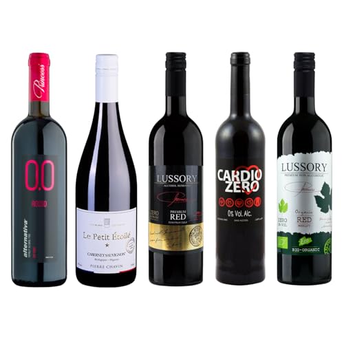 Non-Alcoholic Red Sampler - Five (5) Bottles 750ml Each - Featuring Ariel Cabernet Sauvignon, Lussory Red, Le Petit Merlot, Princess Rosso Dry, and Tautila Tinto (USA, Spain, Italy, France)