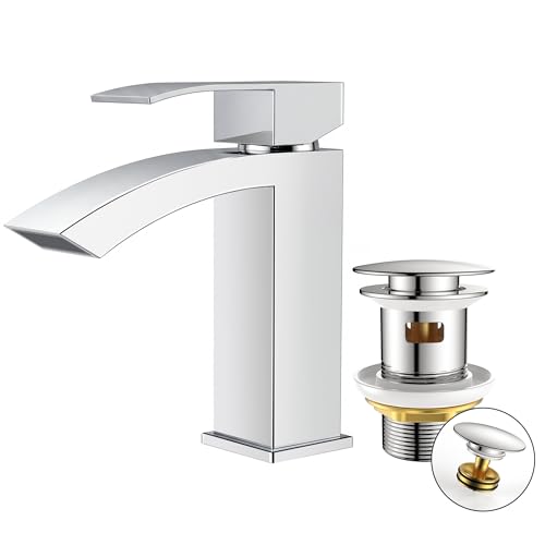 FORIOUS Robinet Salle de Bain avec Bonde de Vidage, Mitigeur Lavabo Cascade Monocommande, Eau Chaude et Froide, Hauteur de Bec 100 mm, Design Bec à Grille et Économiseur d’Eau, Chromé