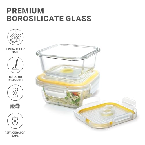 Image of Treo By Milton All Fresh Borosilicate Glass Square Tiffin set of 2, 320 ml each, Durable Carry Jacket,Microwave & Oven Safe,Leak Proof, Air Vent Lid, Scratch Resistant, Ideal for Office, School,Travel