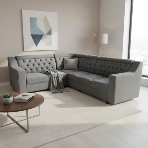 Image of APRODZ Wooden Sofa Set 6 Seater for Living Room, Solid Wood L Shape Sectional Sofa with Velvet Fabric Upholstery, Cushioned Seating for Home, Office & Lounge, Grey