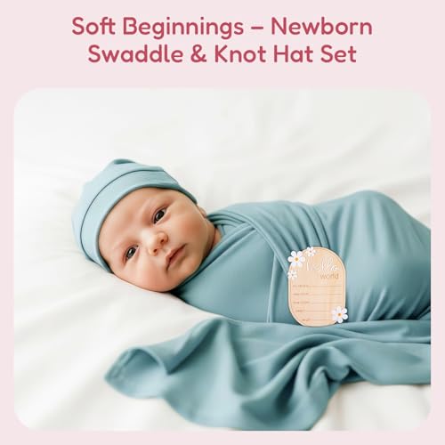 Image of Stretchy Swaddle Blanket for Newborns with Hat & Hello World Card-Soft Baby Swaddles 0-3 Months,47 inchx 47 inchSupersoft Swaddle Blanket,Receiving Blanket for Boys & Girls (Storm)