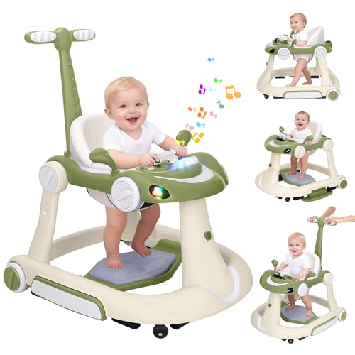 Image of Baby Walker with Wheels, 5-in-1 Foldable Infant Toddler Walker for Boys Girls 6-18 Month, Music Walker for Baby with Car Steering Wheel &Removable Footrest,Baby Push Walker Green