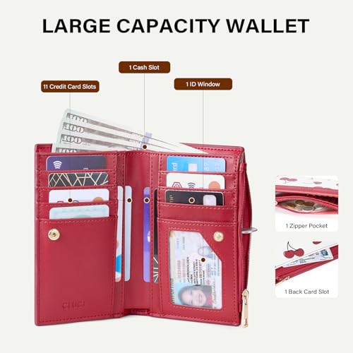 Image of CLUCI Small Wallet for Women PU Leather RFID Wallet Blocking Designer Bifold Ladies Wallet Card Holder Cherry Print