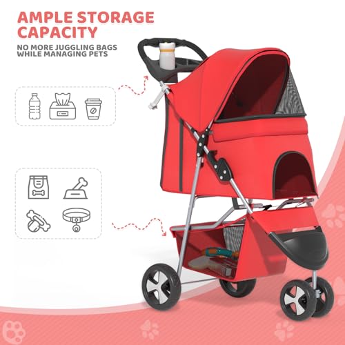 Image of Magshion 3-Wheel Pet Stroller, Foldable Travel Jogger for Small & Medium Dogs & Cats (Up to 33lbs), Lightweight Carrier with Breathable Mesh Cover, Cup Holder & Storage Basket, Red