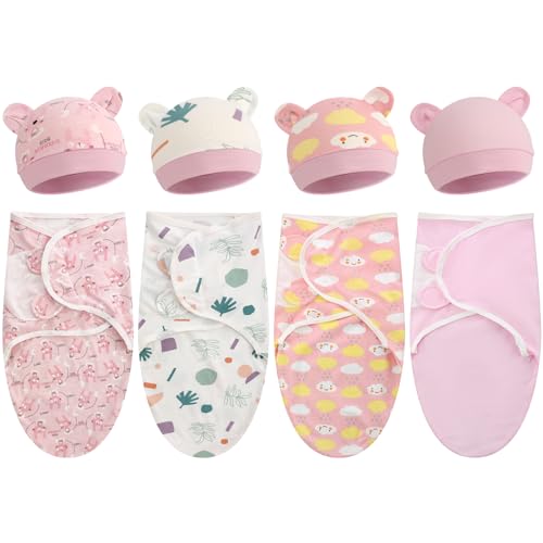 Image of Buryeah 4 Pack Preemie Swaddle Blanket Wrap Set with Hat for Baby Boys Girls 3-7 Lbs Preemie Newborn Clothes Sleepers Cap