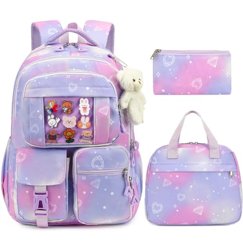 Kids Backpack for Girls Cute School backpack with Lunch Box Kawaii Book Bag Set for Primary Elementary School,Purple