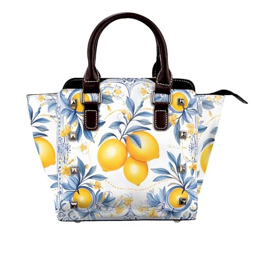 Leather Shoulder Bag for Women, Lemons Sicily Studded Purse Summer Fruit Crossbody Handbags Punk Hobo Bag with Adjustable Strap