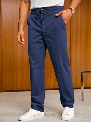 Runcati Mens Casual Linen Pants Drawstring Elastic Waist Trousers Lightweight Loose Fit Beach Pants3
