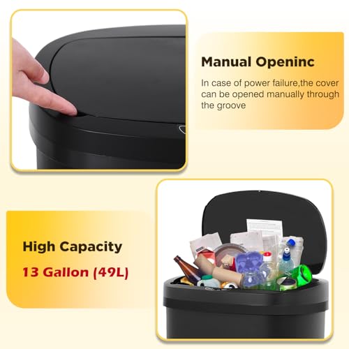 Image of BestOffice | 13 Gallon Plastic Trash Can with Lid | Dark Black | Automatic Touchless Garbage Can | Odor Control | Modern Oval Design | Easy to Clean | For Kitchen, Bathroom, Office or Home