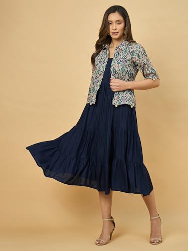 Image of Azira Women Rayon Solid Fit & Flared Dress with Printed Jacket | Perfect for Casual outings, Parties Rayon Fabric|