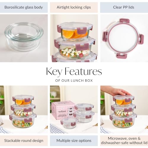Image of Nestasia Nestro Airtight Glass Containers with Lid Set of 3 (400ml, 600ml, 950ml) | Spill Proof Round Glass Containers with Break Free Lock - Microwave, Dishwasher & Freezer Safe (Mauve)