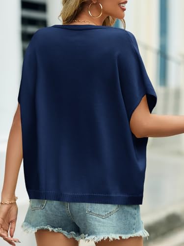 Image of Saodimallsu Womens Summer Oversized Cardigans Batwing Short Sleeve Lightweight Button V Neck Casual Knit Sweater Tops