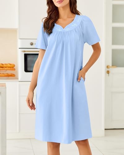 Image of Ekouaer Moo Moos for Women House Dress With Pockets Cotton Nightgowns Short Sleeve Night gowns Embroidered Mumu Dress