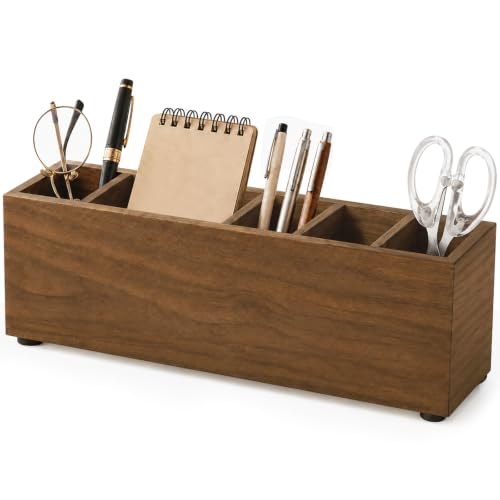 Image of Jetec Wooden Pencil Pen Holder for Desk 6 Compartments Cosmetic Makeup Brush Stationery Office Desktop Organizers for Countertop Adjustable Silverware Caddy for Party, Home, Art Supplies(Walnut)